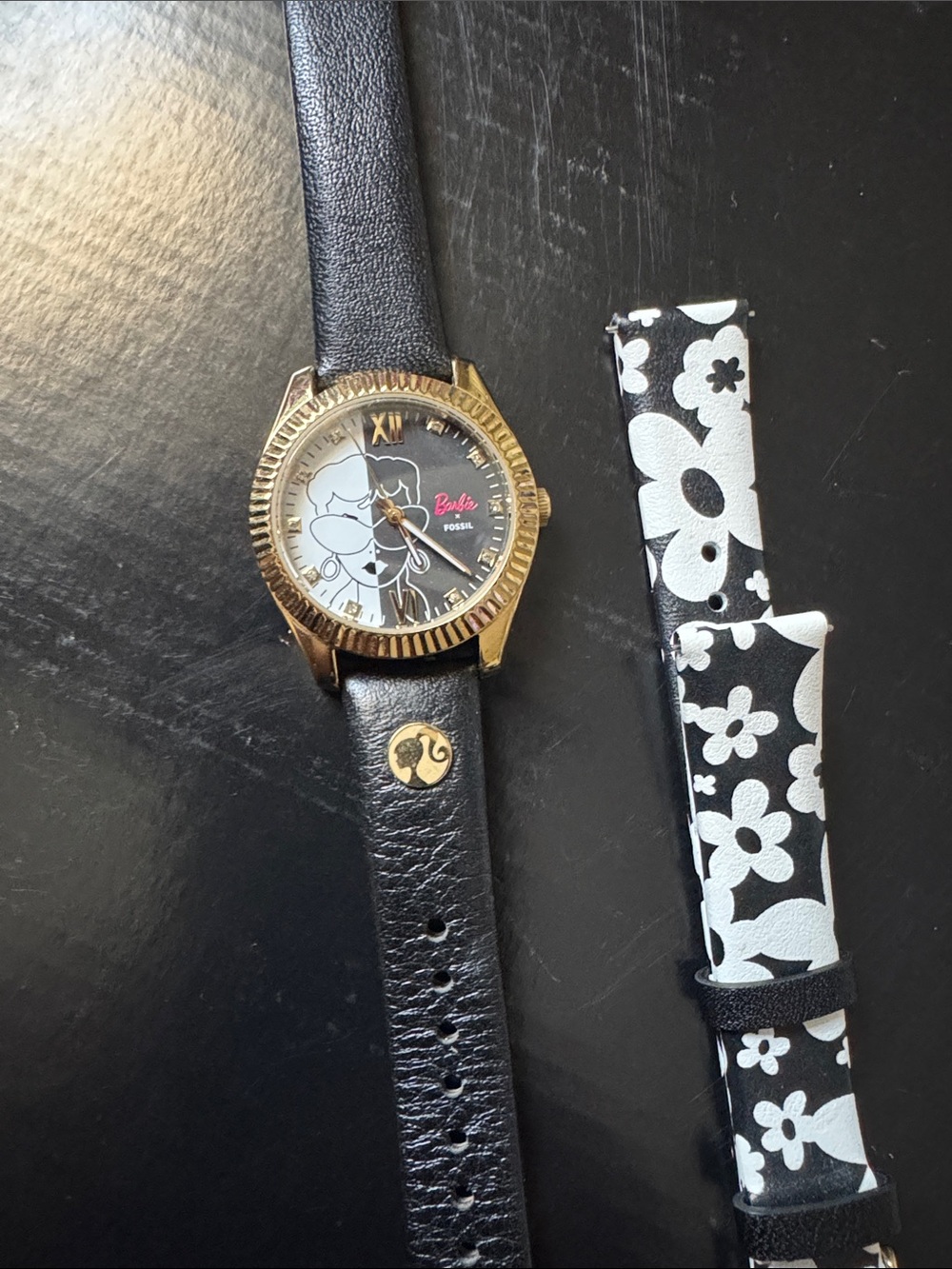 Fossil Gold-Tone Watch with Black Leather Strap and Black-and-White Floral Band